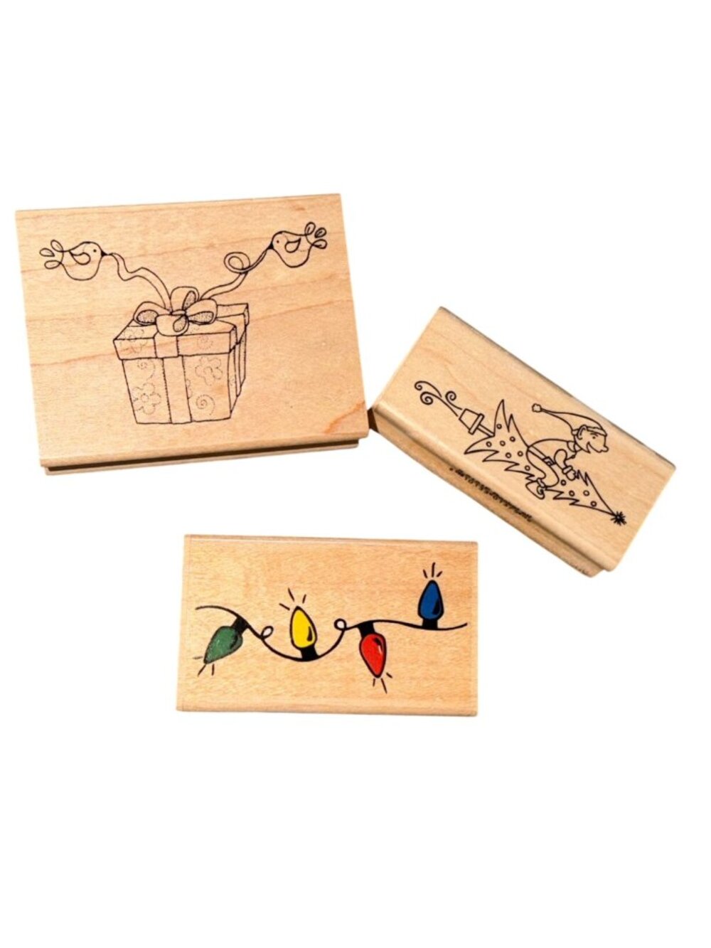 Lot Of 3 Piece Holiday Rubber Stamps-Elves, Presents and Lights-GUC